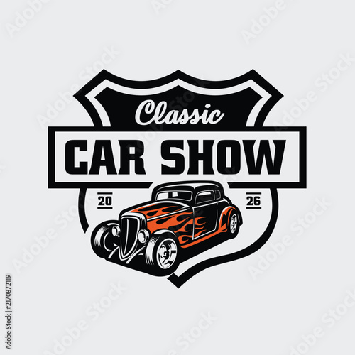 Classic car show hot rod emblem logo vector design illustration isolated