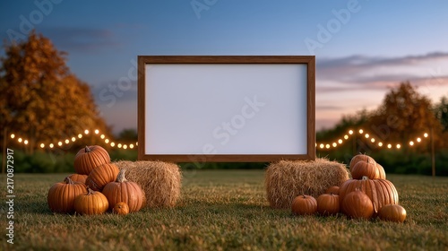 Autumn Harvest Scene with Hay Bales and Pumpkins