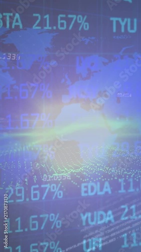Animation of lens flare, trading board, maps and bar graphs against abstract background