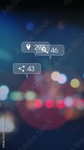 Animation of notification labels over blurred moving vehicles on street in city
