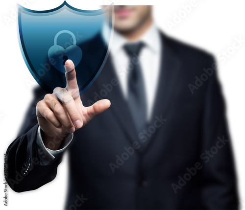 Businessman Touching Digital Cyber Security Shield Interface