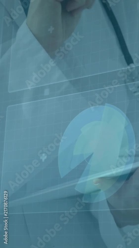 Doctor using tablet with medical data processing animation overlaid