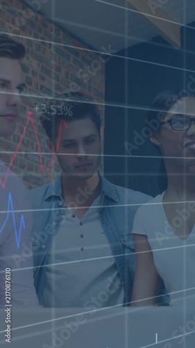 Financial data and stock market analysis animation over diverse business team collaborating
