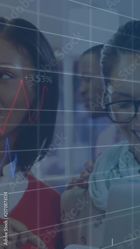 Financial data and stock market animation over diverse business people collaborating