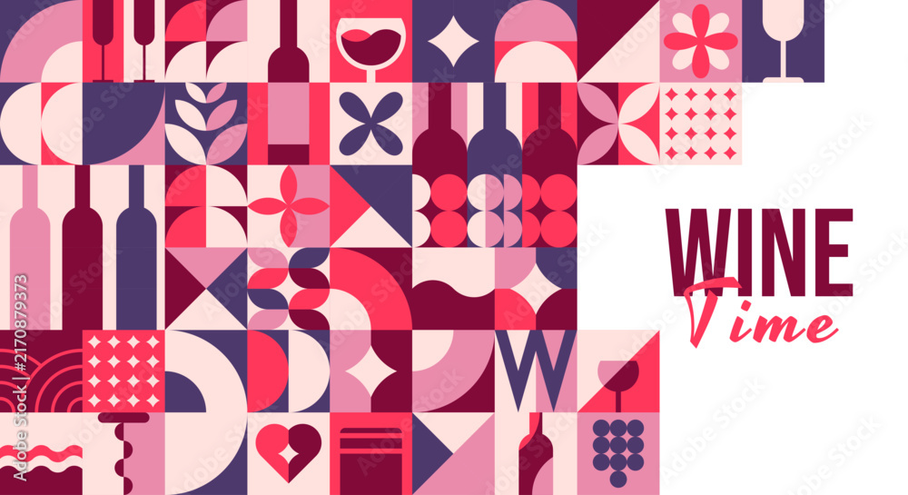 Fototapeta premium Wine winemaking and winery poster with geometric pattern with glasses, bottles and grape motifs in pink red and purple tones. Festive mosaic vintage tasting party background for winery celebration
