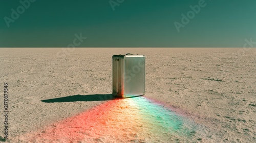 A solitary metallic object sits on a vast, flat, dry landscape, casting a colorful shadow