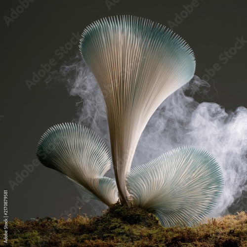 Ethereal, delicate fungi sprout with wisps of smoke around them