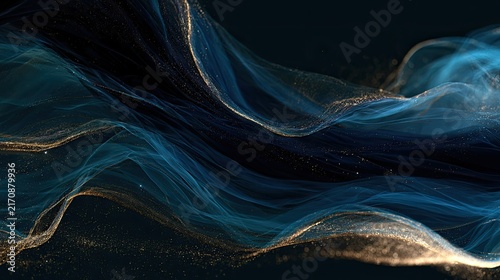 Flowing, translucent ribbons of teal and gold glitter on dark background