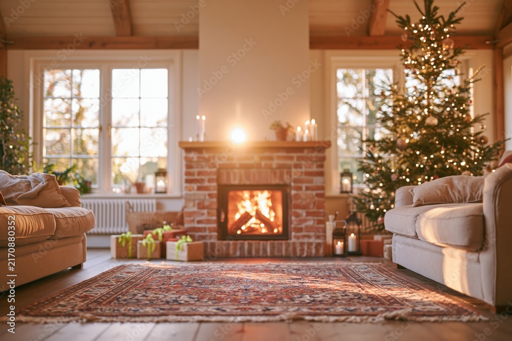 Naklejka premium Cozy living room with a burning brick fireplace and decorated Christmas tree, featuring warm ambient lighting and soft textures for holiday lifestyle