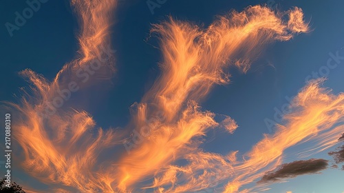 Striking wispy clouds painted orange and gold against a deep blue sky