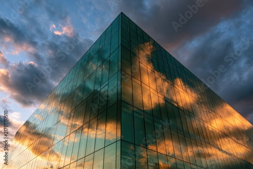 Modern glass building corner reflecting a dramatic, colorful sunset sky