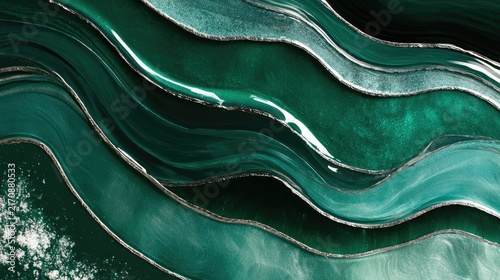 Swirling emerald and silver abstract organic fluid art, flowing waves