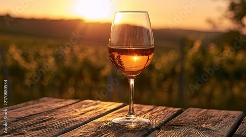 A glass of ros? wine sits on a wooden table with a vineyard at sunset