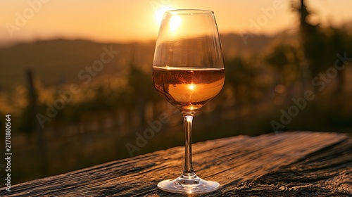 A glass of rose wine sits on a rustic wooden table during a golden sunset