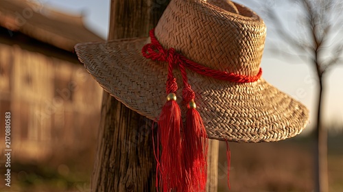 Woven straw hat with vibrant red tassels hangs on wooden post