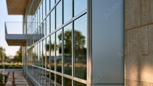 Modern building facade with reflective glass panels and stone exterior