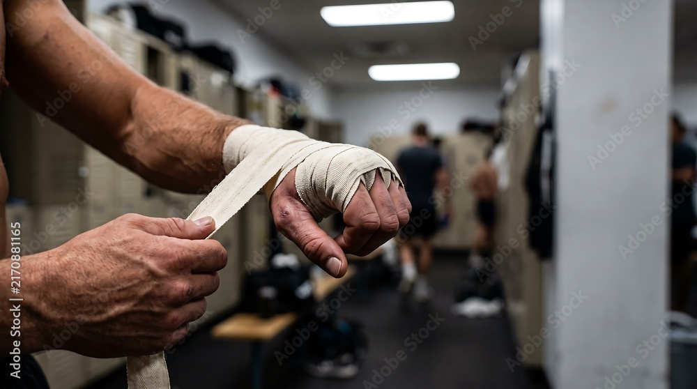 Fototapeta premium Boxer wrapping hands with white tape in a gym locker room before training session