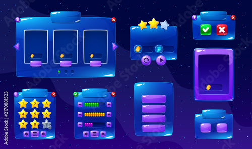 Galaxy space game interface window board and menu frame panels. Space game UI kit with slot machine window, star rating panels, level select grid and progress bars for app development