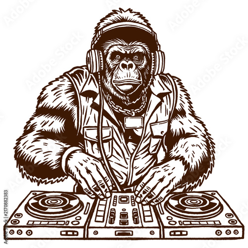 Canvas Print Gorilla DJ Wearing Headphones Line Art Vector Illustration