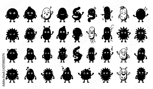 Cute Germ and Bacteria Monster Character Silhouette Set Featuring Funny Microbes Viruses Pathogens and Extraterrestrial Alien Figures for Healthcare and Educational Graphic Designs