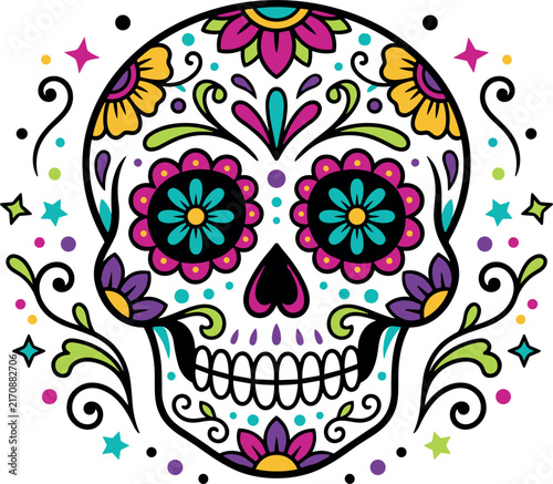 Colorful Sugar Skull Vector Illustration Featuring Mexican Day of the Dead Floral Patterns and Swirls