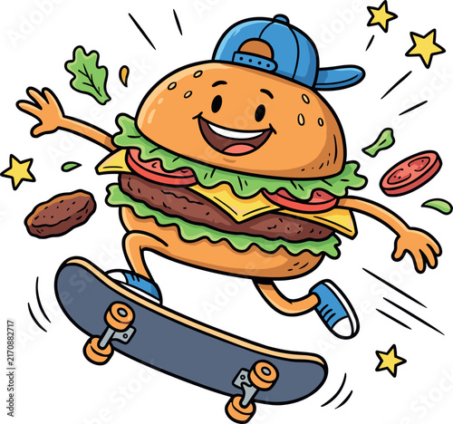 Cool Burger Character Skateboarding Vector Illustration Featuring Blue Cap, Sneakers, and Falling Ingredients