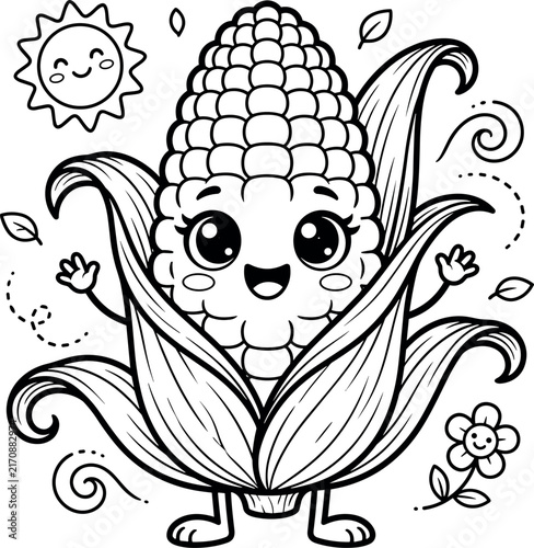 Cute Corn Character Coloring Page Vector Illustration Featuring Kawaii Corn on the Cob with Sun and Flower