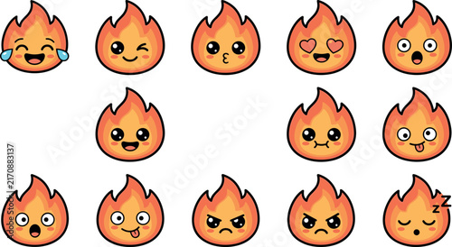 Cute Fire Flame Emoji Vector Set Featuring Kawaii Expressions, Heart Eyes, Angry, Laughing, and Sleeping Poses
