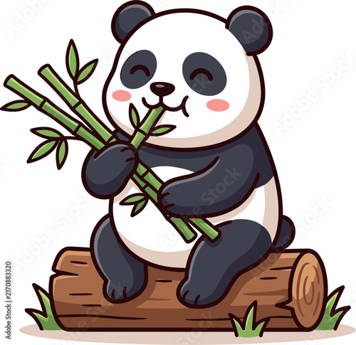 Cute Panda Bear Sitting on Wooden Log Eating Bamboo Stems Vector Illustration