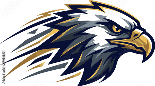 Aggressive Eagle Head Sports Mascot Vector Logo Featuring Dynamic Gold and Navy Feathers
