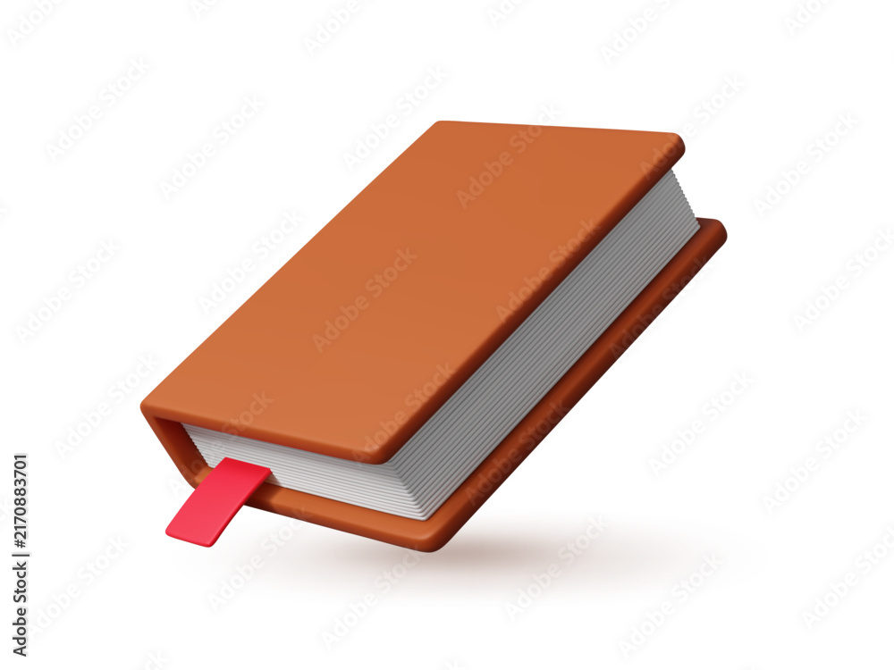 Fototapeta premium 3d closed book with hardcover, close bestseller or school textbook. Educational dictionary. Isolated literature novels with brown cover and red bookmark. Fairytale, handbook, verses mockup angle view