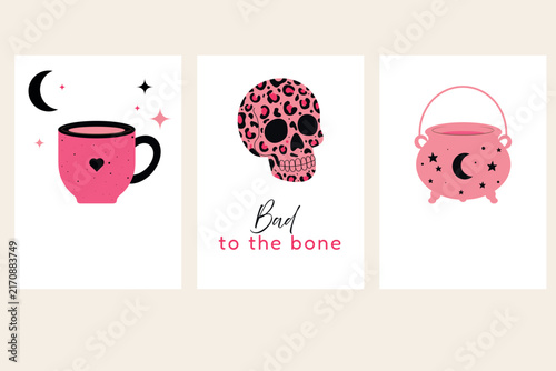 Pink Halloween Vector Cards Set, Leopard Print Skull Poster, Bad to the Bone Greeting Card, Witch Cauldron Wall Art, Girly Coquette Spooky Season Postcard Designs, Trendy Autumn Magic Typography Pack