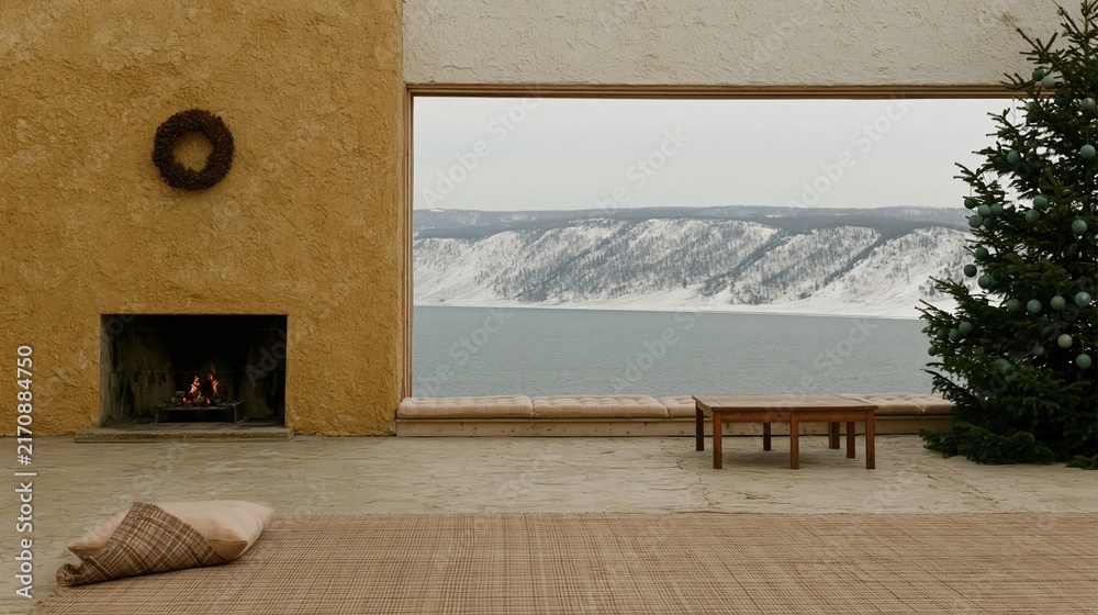 Naklejka premium Cozy mountain cabin interior with a warm fireplace and large window overlooking a snowy lake for winter travel and virtual backgrounds