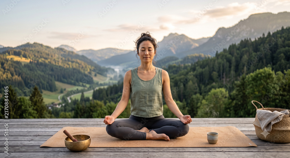 Fototapeta premium Serene Asian Woman Meditating Outdoors with Singing Bowl in Alpine Mountain Nature at Sunrise, Mindfulness and Wellness Concept