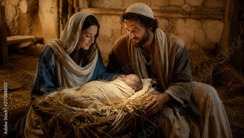 Nativity scene with Mary and Joseph beside newborn baby resting in a straw filled manger