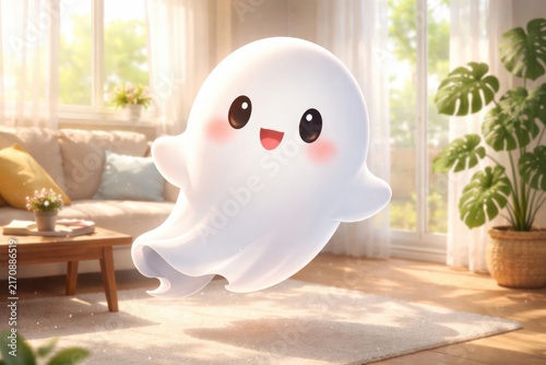 Cute friendly ghost floating in a bright cozy living room with cheerful expression