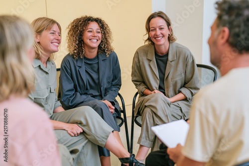 Diverse business professionals sitting in a circle, featuring a natural and collegial mood in a soft cream yellow room for workplace culture and belonging workshops