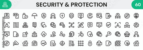 Security and protection icon set. Editable stroke. Vector illustration. Clean line icons presenting web security shields, system alerts, and anti virus.