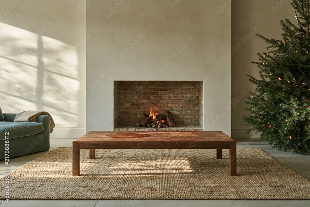 Naklejka premium Empty wooden coffee table with a burnt orange top in a cozy living room, featuring a glowing fireplace and Christmas tree for seasonal product mockup
