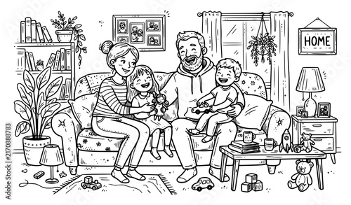 Cozy Hand Drawn Family Illustration with Parents and Children Sitting on a Sofa in a Living Room for Coloring Book or Storybook Graphic Designs