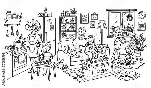 Happy Family Hand Drawn Sketch with Parents Cooking Reading and Kids Playing in Cozy House Interior for Coloring Book Page Graphic Designs
