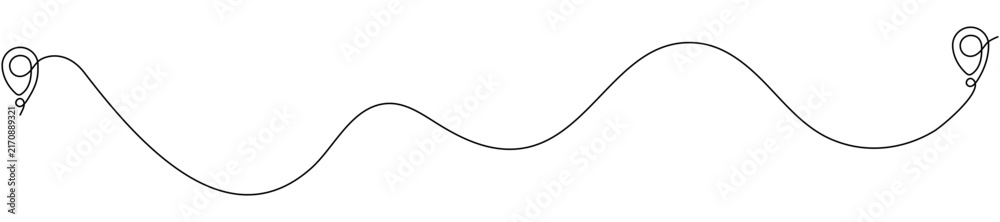 Obraz premium Travel destination way with line pin marks. Navigation locator icon with continuous winding route path. Vector illustration isolated on white.