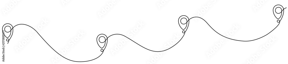 Obraz premium Two line pin marks way. Navigation symbol with continuous winding route path. Vector illustration isolated on white.