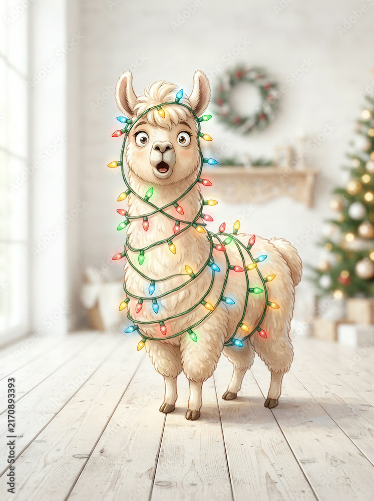 Fototapeta premium Llama wrapped in coloured Christmas lights standing in a white room in soft daylight