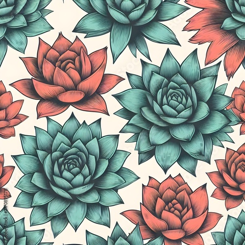 Multi-layered succulent flower pattern in green and orange tones.