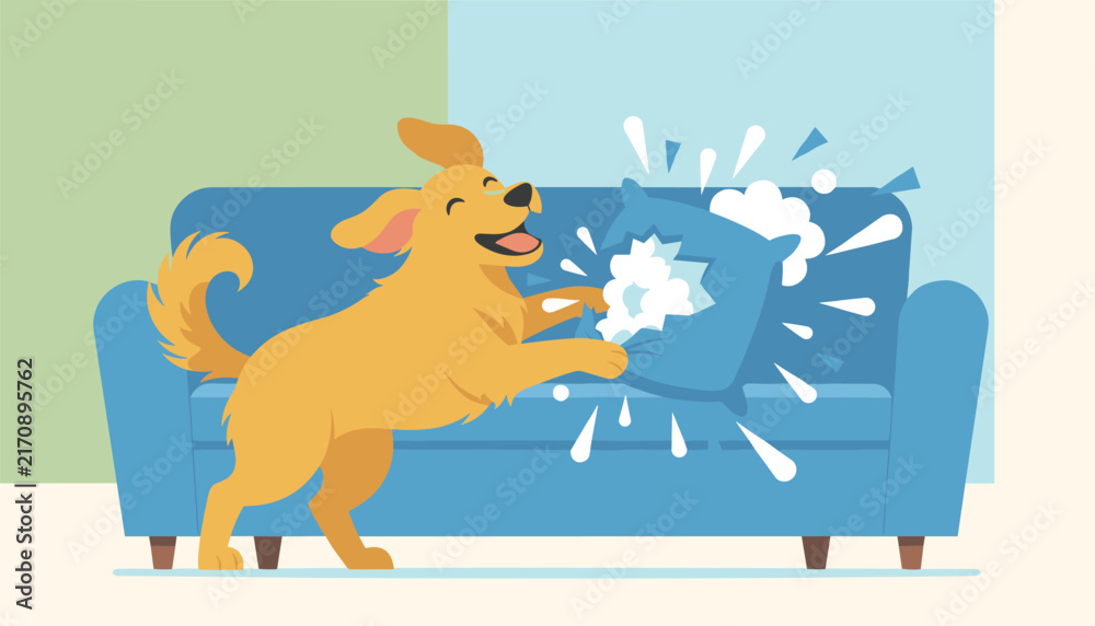 Fototapeta premium Playful golden retriever dog destroys a blue pillow on a living room sofa, scattering soft white stuffing everywhere.