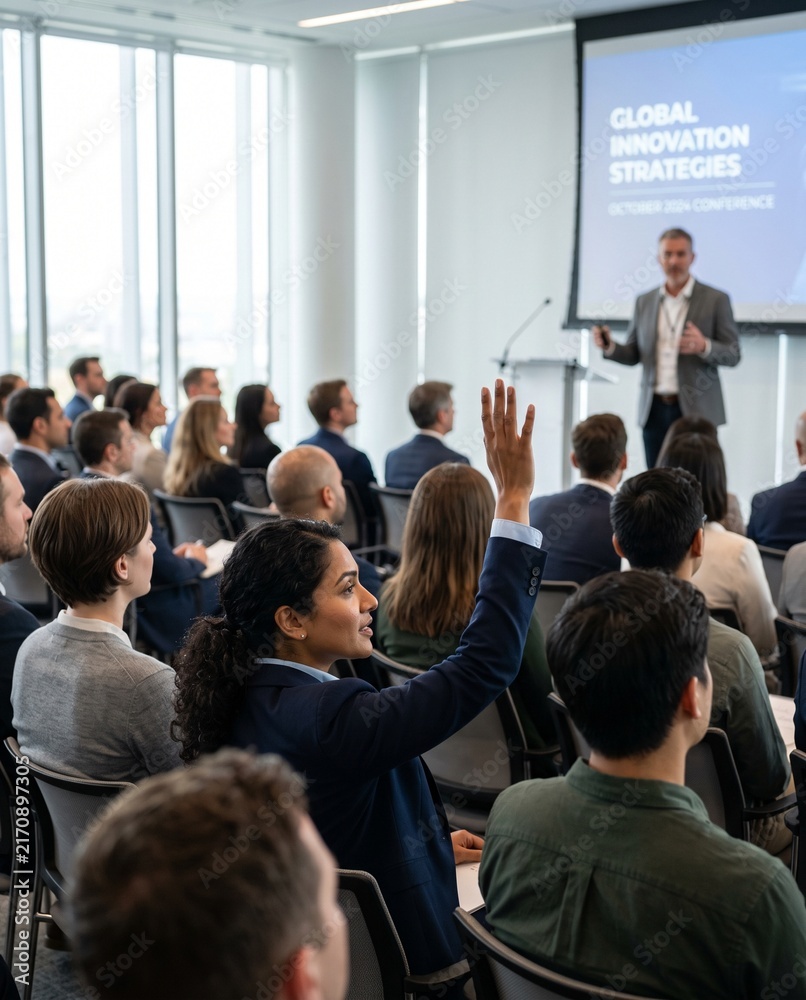 Obraz premium Professional audience attending a business conference with a woman