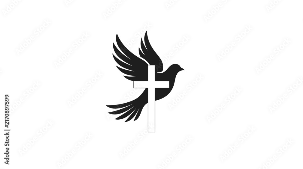 Fototapeta premium Minimalist black silhouette of a flying dove with a white Christian cross symbol.