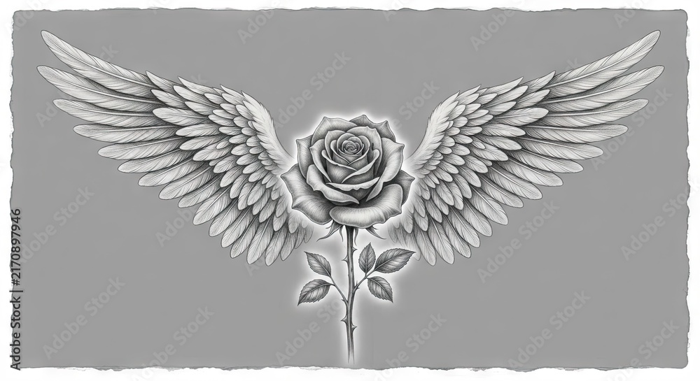 Fototapeta premium Grayscale Rose with Feathered Wings Illustration