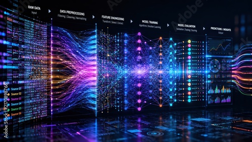 Visualization of neural network processes from raw data to prediction outputs using colorful data flow and layered machine learning structures.